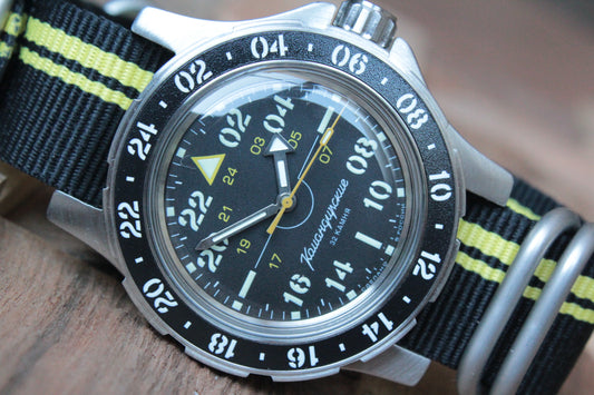 Vostok Komandirskie Automatic 24-Hour Watch 18010B, angled front view