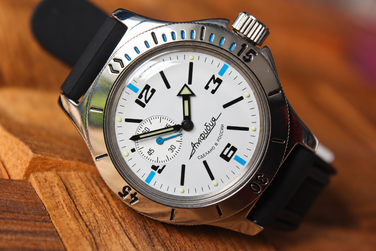 Vostok Amphibia Automatic Watch 12071B, front view with white dial and blue accents