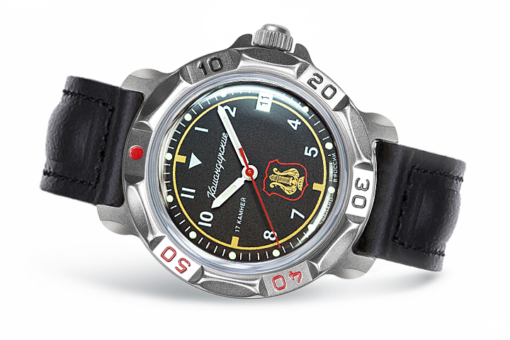 Vostok Komandirskie 81642B - official manufacturer diagonal front view, black military orchestra emblem dial, full case and crown