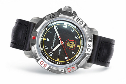 Vostok Komandirskie 81642B - official manufacturer diagonal front view, black military orchestra emblem dial, full case and crown