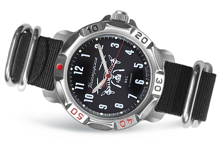 Vostok Komandirskie 81693G - official manufacturer diagonal front view with full dial, case, crown and nylon ZULU strap