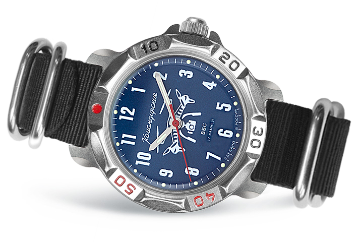 Vostok Komandirskie 81694G - official manufacturer diagonal front view with full dial, case, crown and nylon ZULU strap