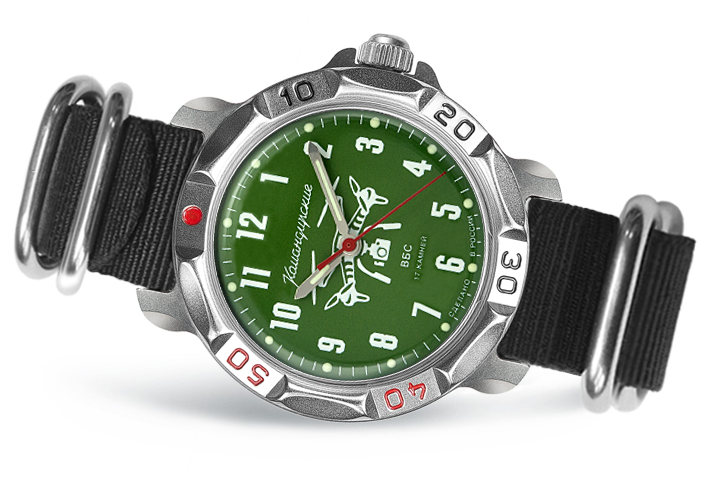 Vostok Komandirskie 81695G - official manufacturer diagonal front view with full dial, case, crown and nylon ZULU strap