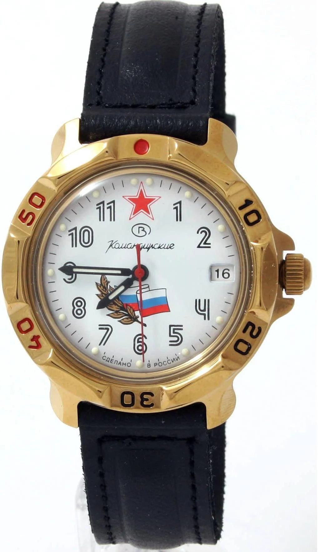 Vostok Komandirskie 819277 - front view of dial, date window and leather strap