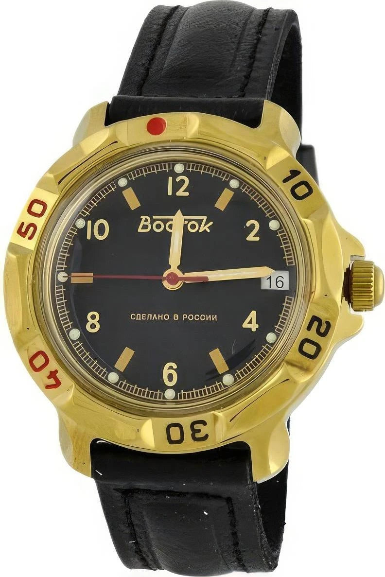 Vostok Komandirskie 819326 - front view of dial, date window and leather strap