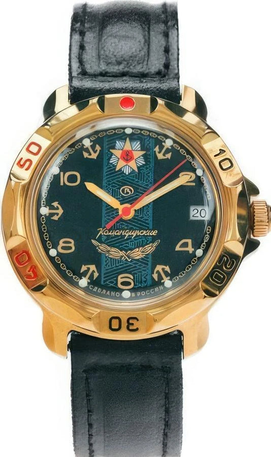 Vostok Komandirskie 819471 - front view of dial, date window and leather strap