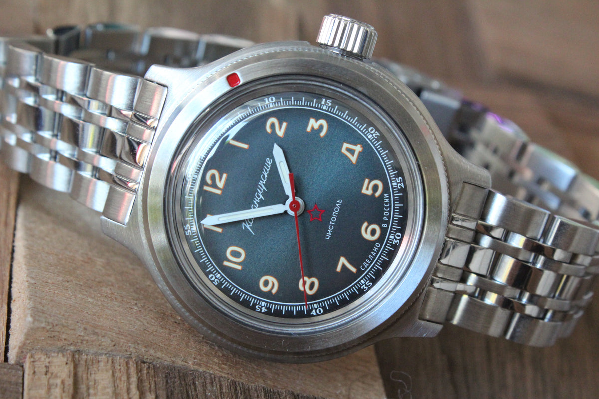 Vostok Amphibia 72046A - front view of black dial, red seconds hand and bracelet