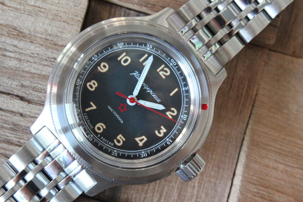 Vostok Amphibia 72046A - diagonal front view with black dial, complete case and crown