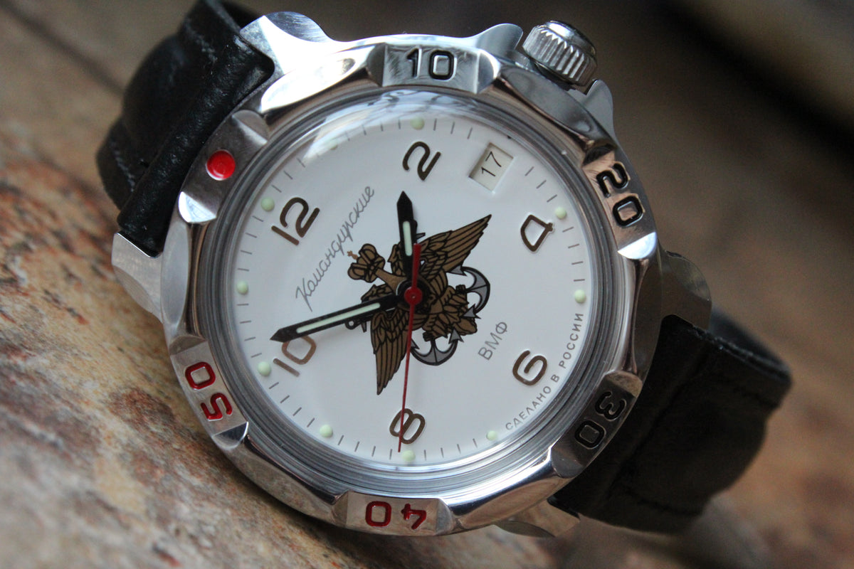 Vostok Komandirskie 811829 - close-up of white naval emblem dial and bezel