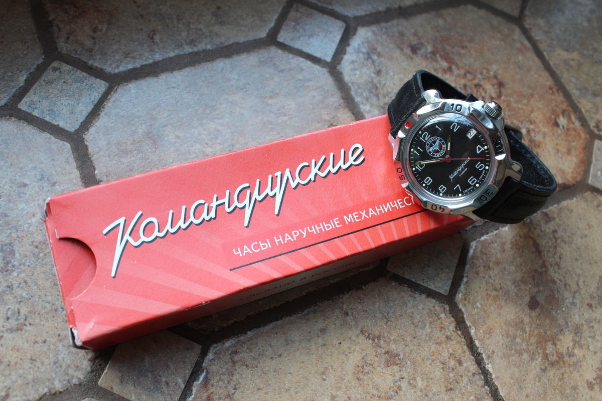 Vostok Komandirskie 811951 - watch and leather strap displayed on original red box