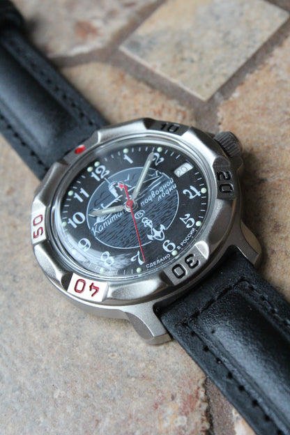 Vostok Komandirskie 816831 - front view of dial, case and black leather strap