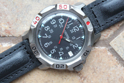 Vostok Komandirskie 816783 - front view of black dial, case and black leather strap