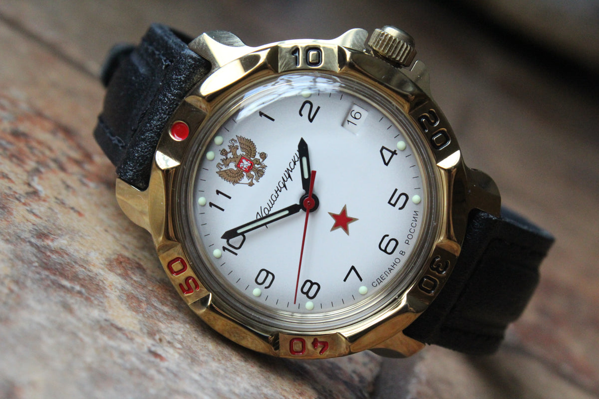 Vostok Komandirskie 819322 - diagonal front view with complete dial, case and crown, 12 oclock toward upper left