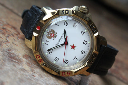 Vostok Komandirskie 819322 - diagonal front view with complete dial, case and crown, 12 oclock toward upper left