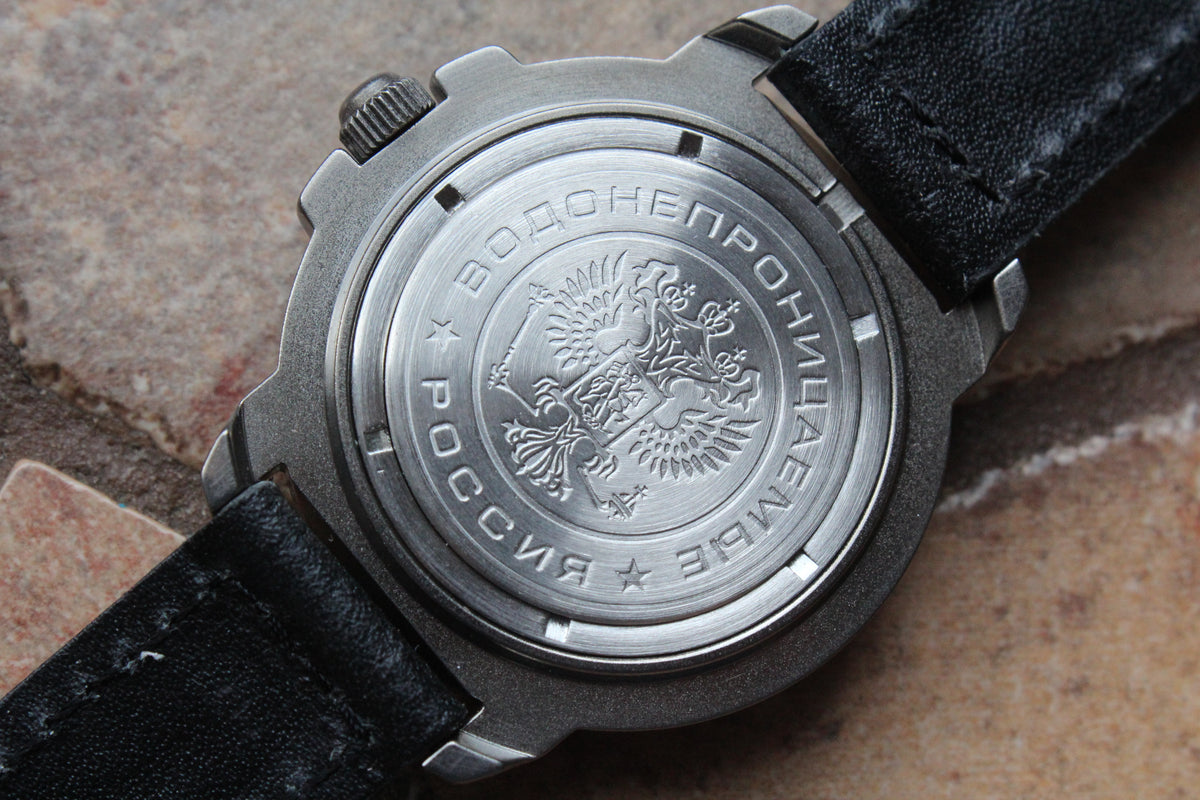 Vostok Komandirskie 436744 - engraved case back and leather strap
