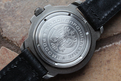 Vostok Komandirskie 436744 - engraved case back and leather strap