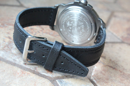 Vostok Komandirskie 436744 - rear view of curved black leather strap and buckle