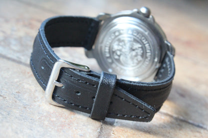Vostok Komandirskie 816306 - case back, black leather strap and buckle
