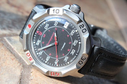 Vostok Komandirskie 816172 - close-up of black and red military dial, date window and bezel