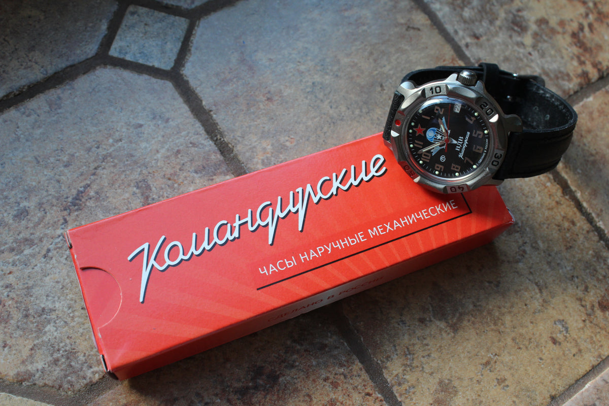 Vostok Komandirskie 816288 - watch displayed on original red presentation box