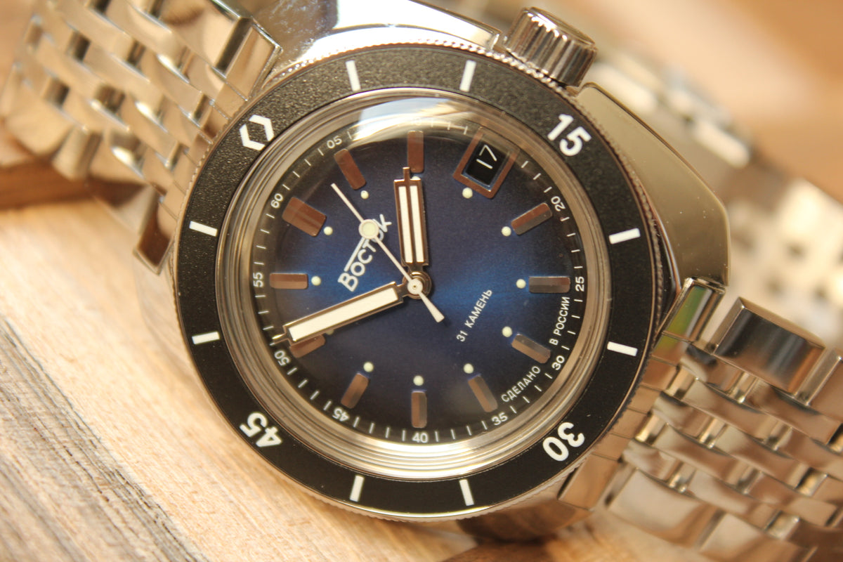 Vostok Amphibia 71001A - close-up of blue dial, date window and bezel