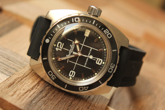 Vostok Amphibia Automatic Watch 170375, front view with black dial