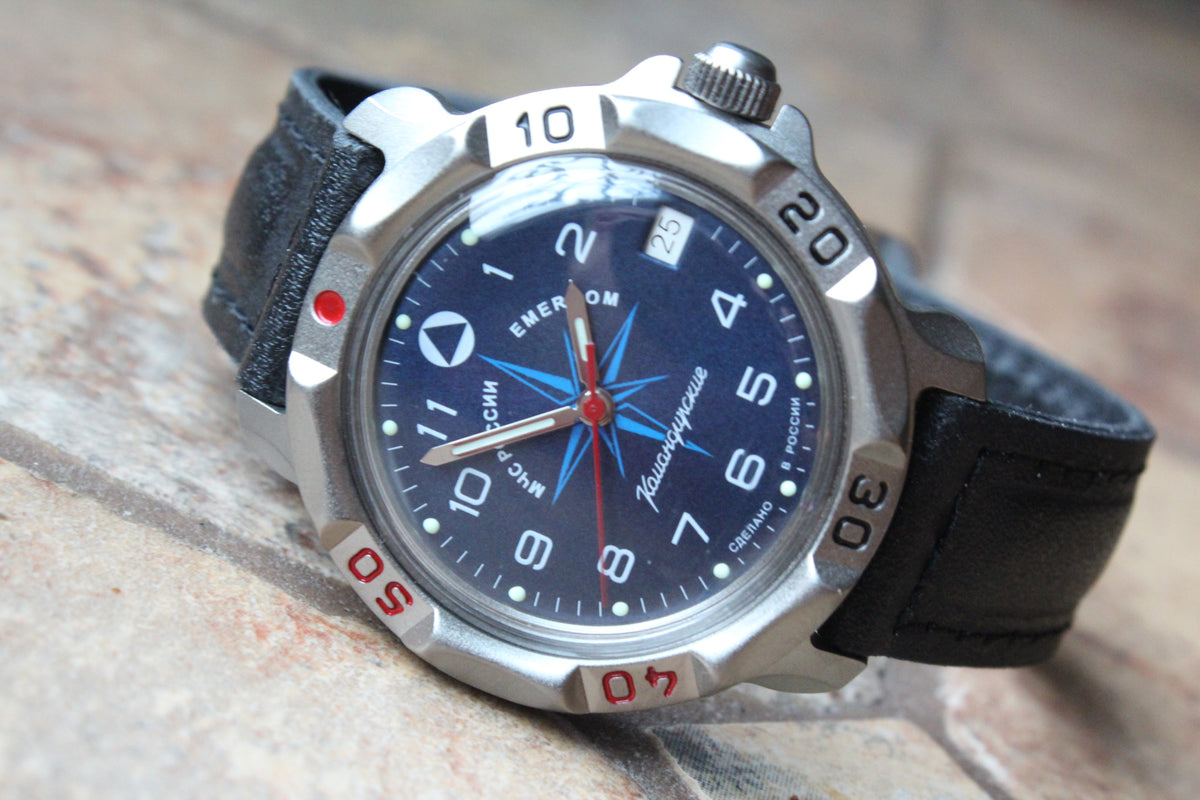 Vostok Komandirskie 816942 - diagonal front view with complete dial, case and crown