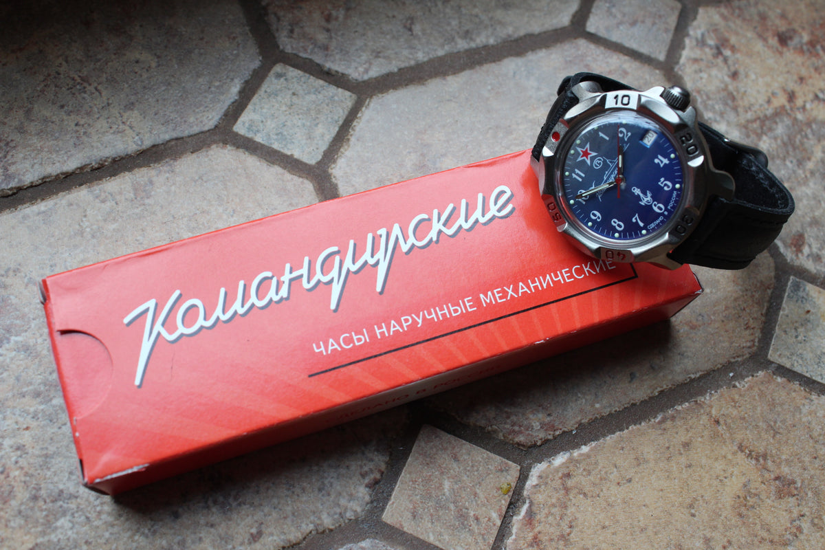 Vostok Komandirskie 816289 - watch displayed on original red presentation box