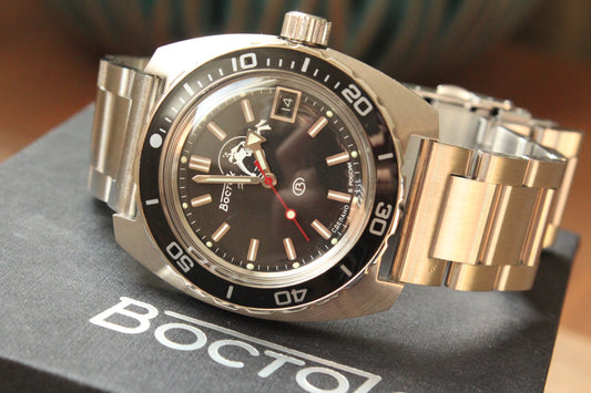Vostok Amphibia Automatic Watch 170600, front view with black dial