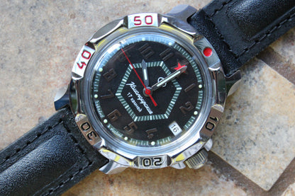 Vostok Komandirskie 811744 - alternate diagonal front view of dial, case and leather strap