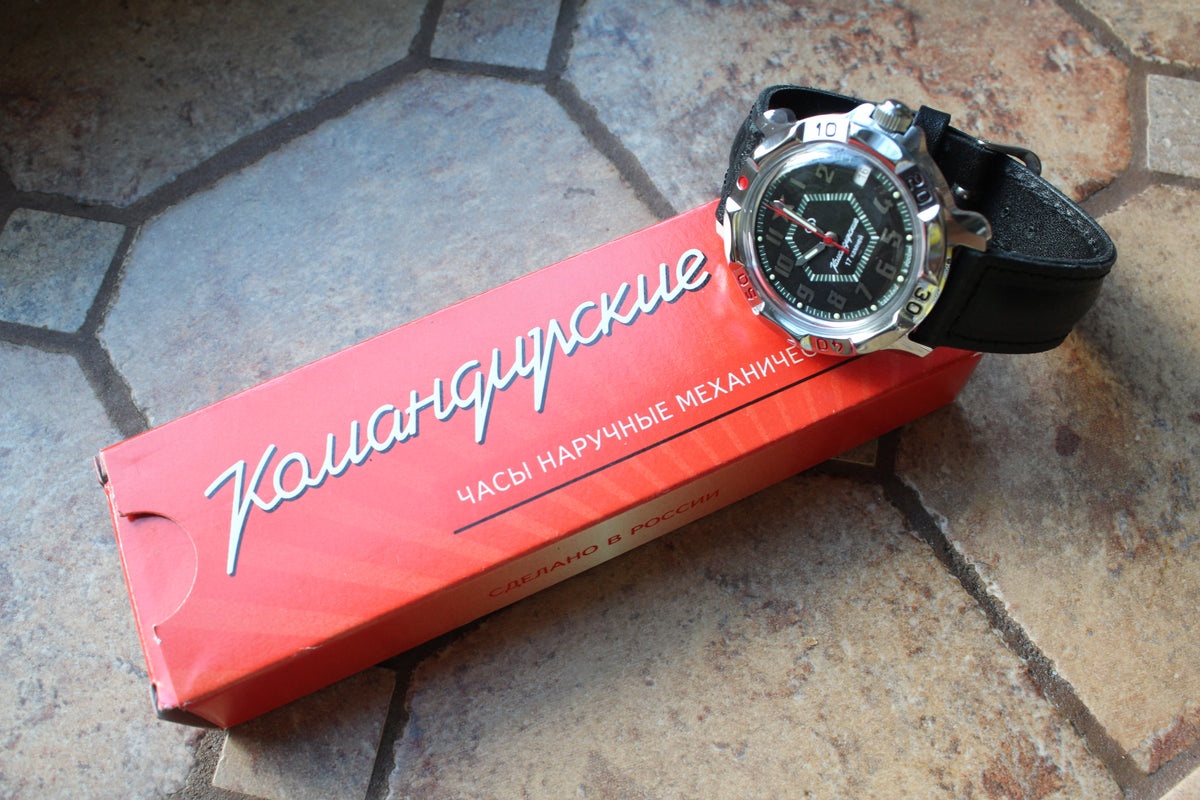 Vostok Komandirskie 811744 - watch and leather strap displayed on original red box
