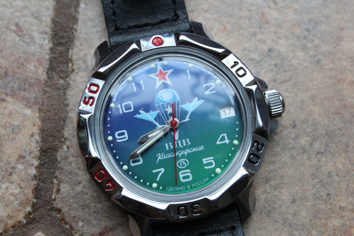 Vostok Komandirskie 811818 - close-up of blue and green parachute dial and bezel