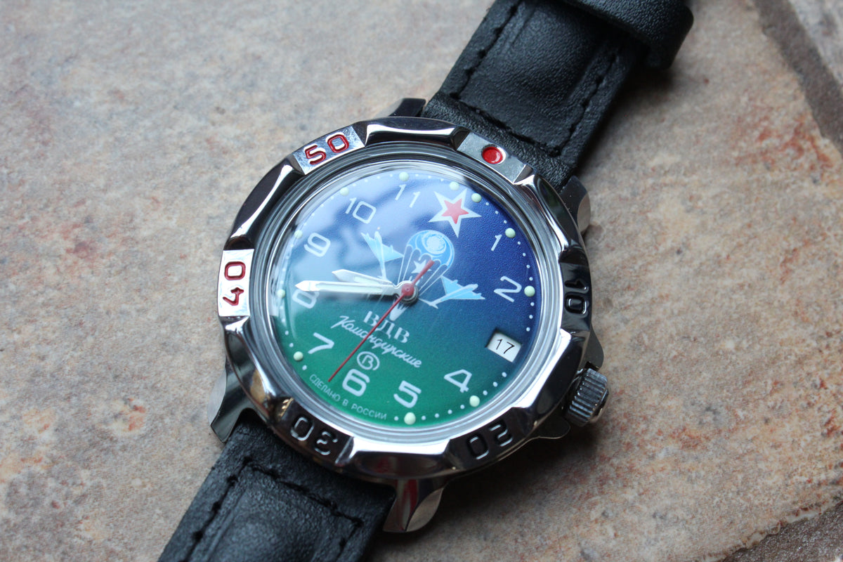 Vostok Komandirskie 811818 - alternate diagonal front view of dial, case and leather strap