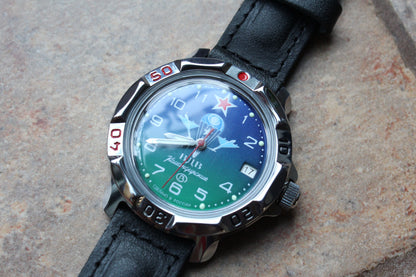 Vostok Komandirskie 811818 - alternate diagonal front view of dial, case and leather strap