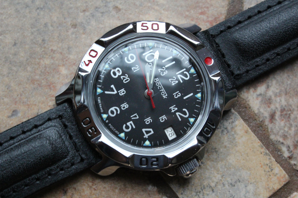 Vostok Komandirskie 811783 - alternate diagonal front view of dial, case and leather strap