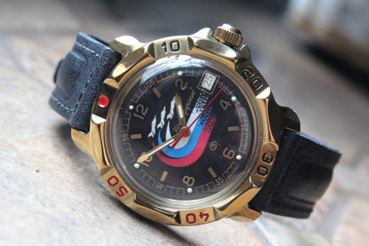 Vostok Komandirskie 819260 - diagonal front view with complete dial, case and crown, 12 oclock toward upper left