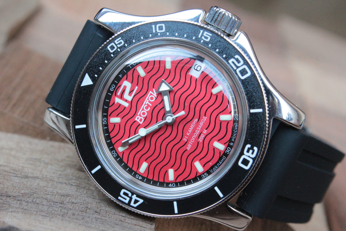 Vostok Amphibia Automatic Watch 13043A, front view with red wave dial