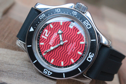 Vostok Amphibia Automatic Watch 13043A, front view with red wave dial