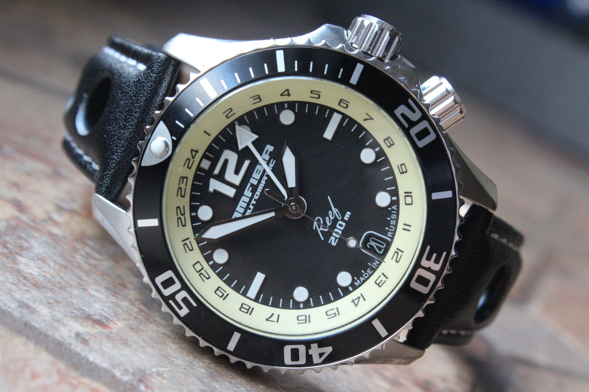 Vostok Amphibia Reef 080481 automatic GMT watch, black dial and leather strap, front view