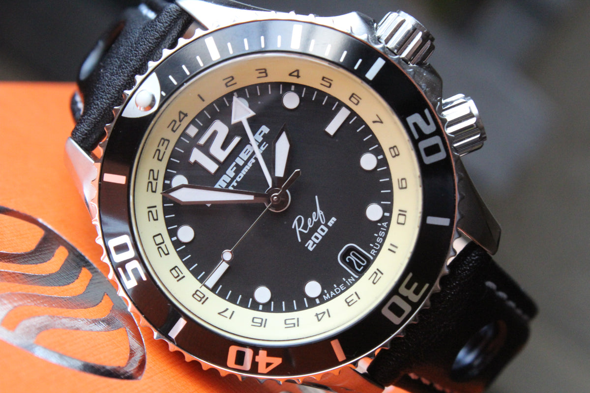 Vostok Amphibia Reef Automatic GMT Watch 080481, watch displayed with packaging