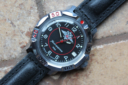 Vostok Komandirskie 811952 - close-up of black eagle emblem dial and bezel