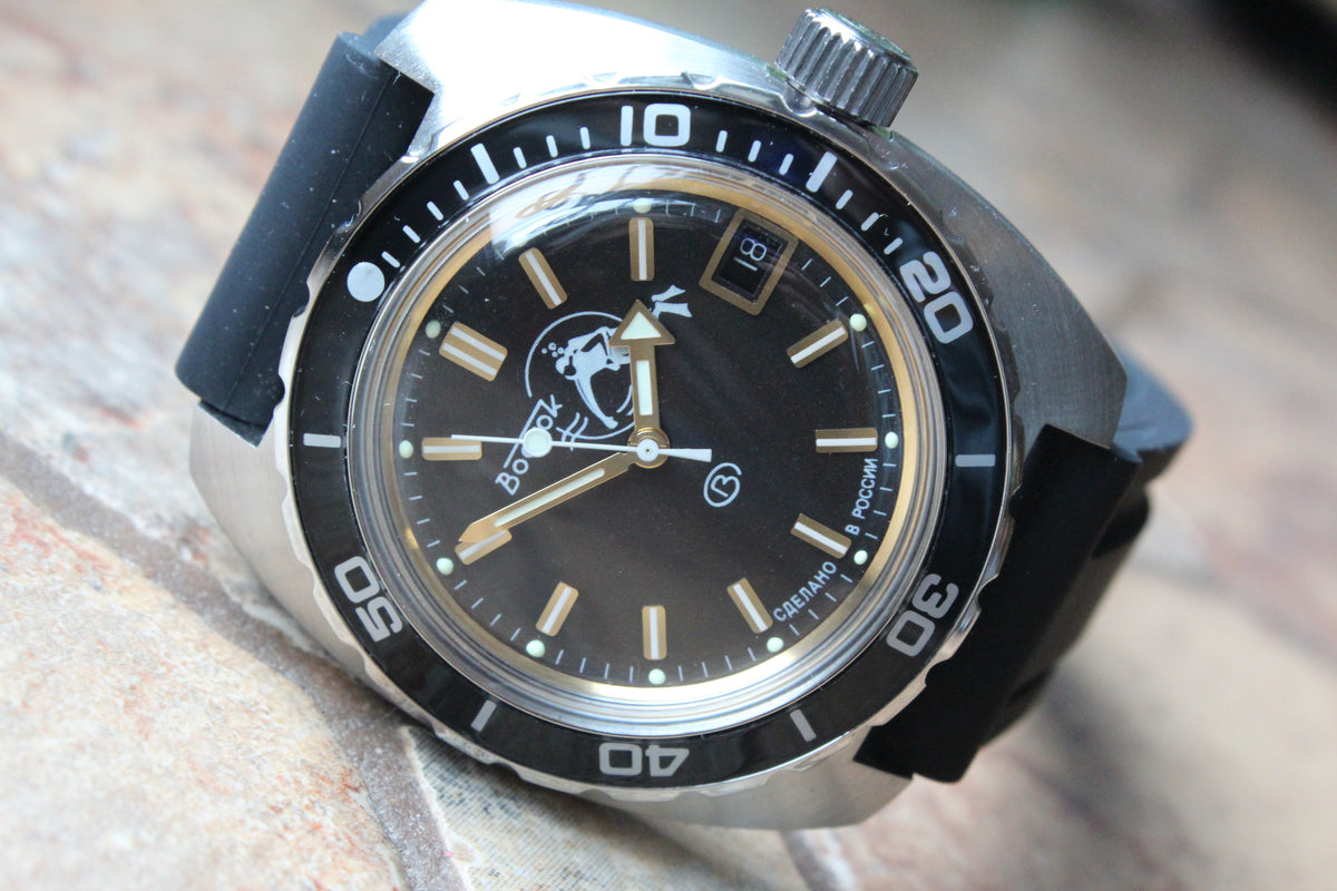Vostok Amphibia Automatic Watch 170805, front view with black dial