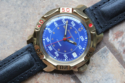 Vostok Komandirskie 819181 - diagonal front view with complete dial, case and crown