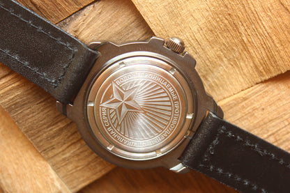 Vostok Komandirskie 43622G - engraved case back and black leather strap