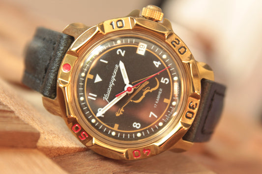 Vostok Komandirskie 81941B - diagonal front view with complete dial, case and crown, 12 oclock toward upper left