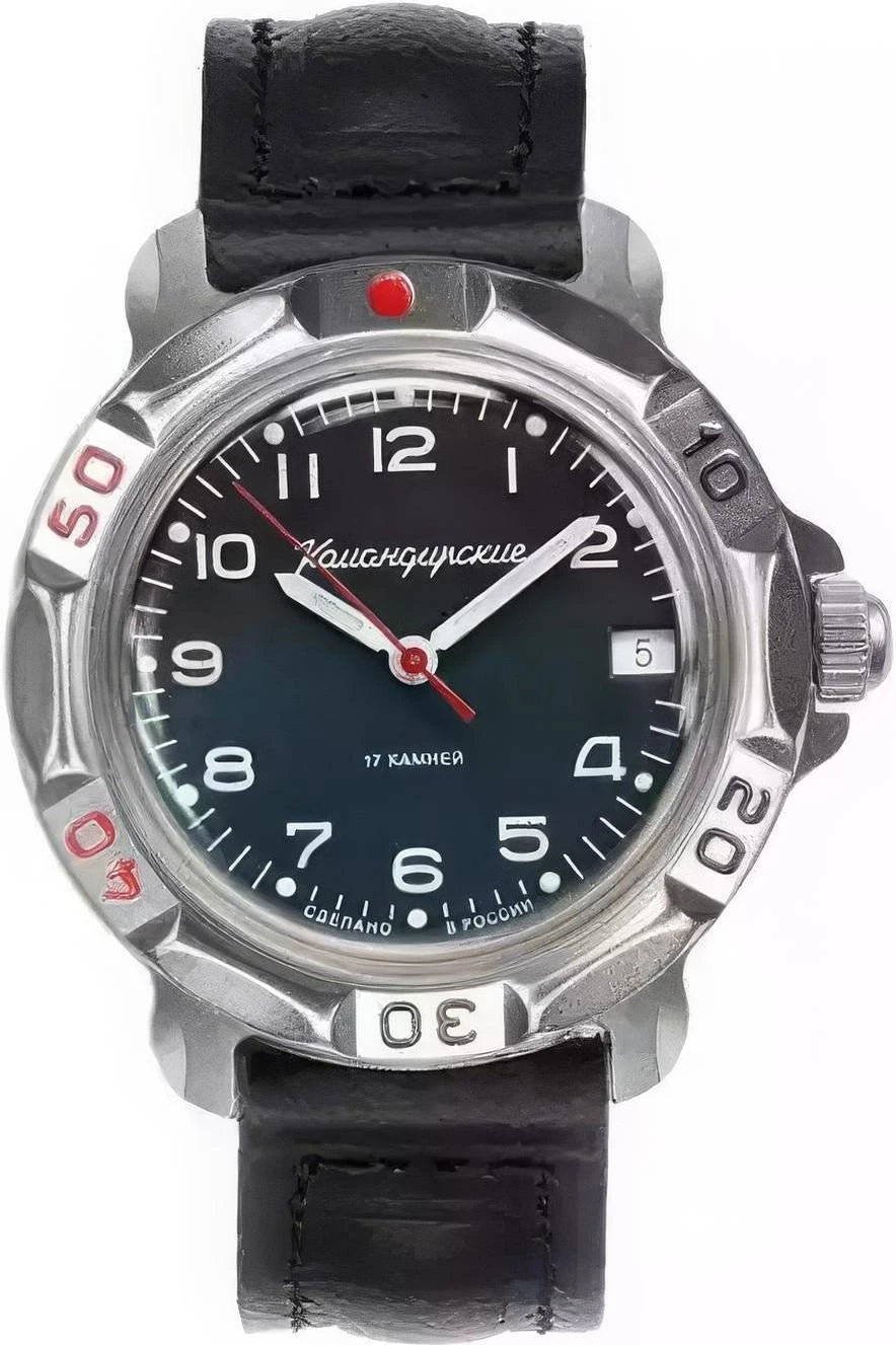 Vostok Komandirskie 81687B - front view of dial, date window and black leather strap