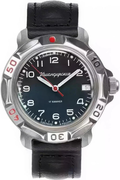 Vostok Komandirskie 81687B - front view of dial, date window and black leather strap