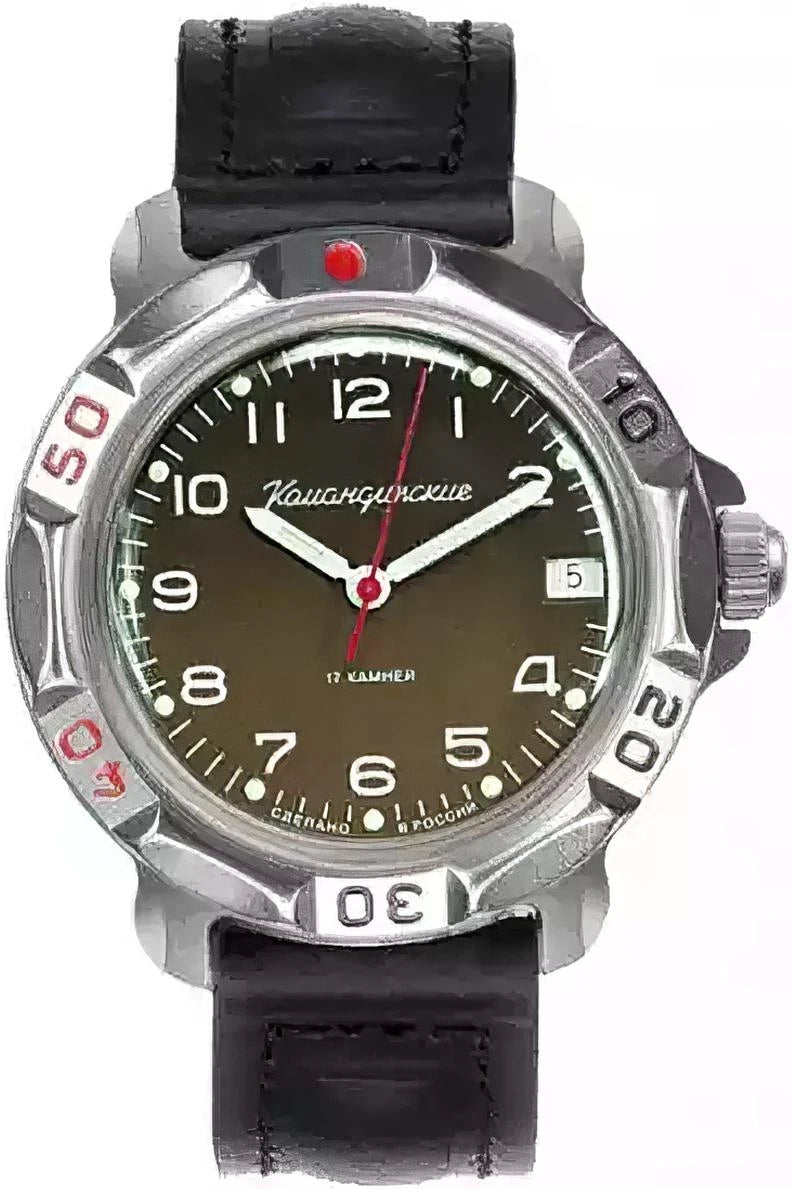 Vostok Komandirskie 81688B - front view of dial, date window and black leather strap