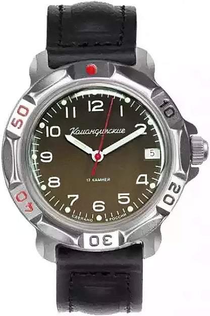 Vostok Komandirskie 81688B - front view of dial, date window and black leather strap