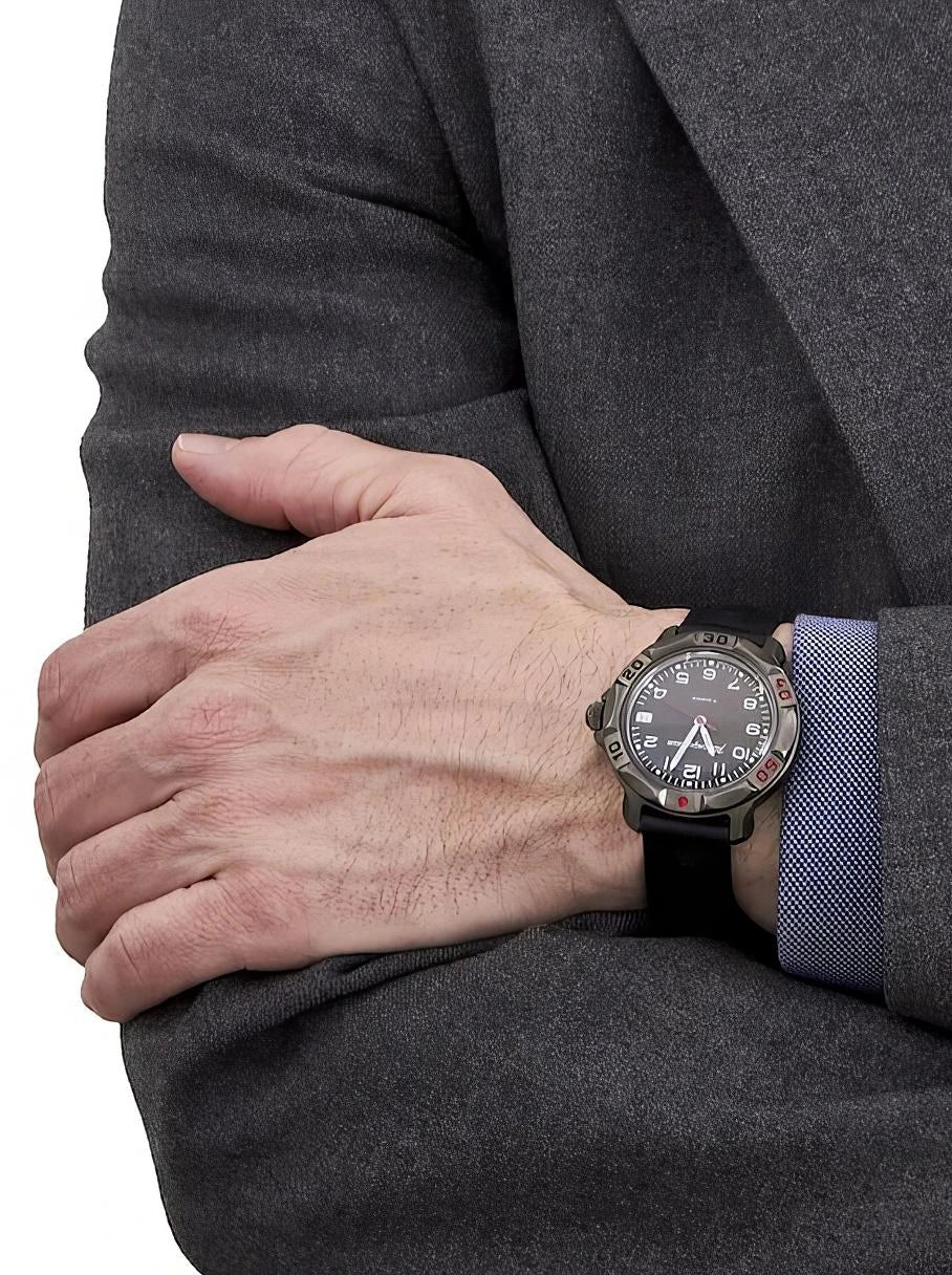 Vostok Komandirskie 81688B - watch shown on wrist with suit